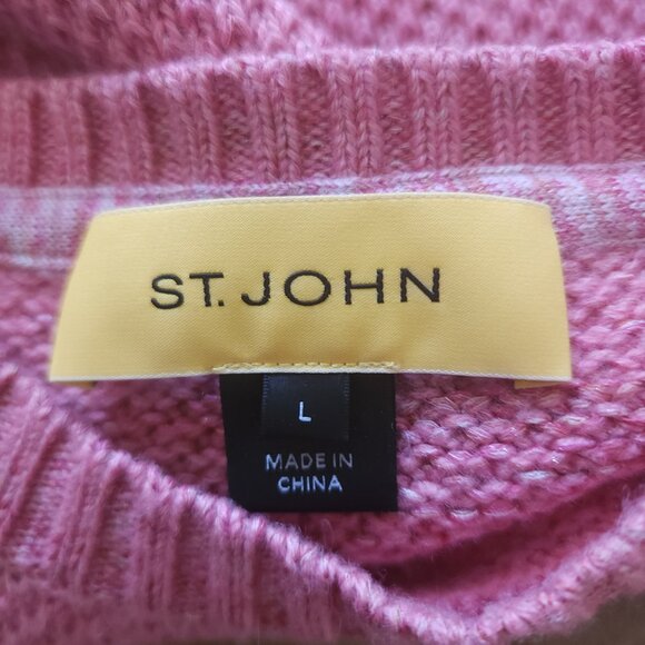 St. John Salmon Color Block Cableknit Crew Neck Wool Knit Sweater - Picture 4 of 6